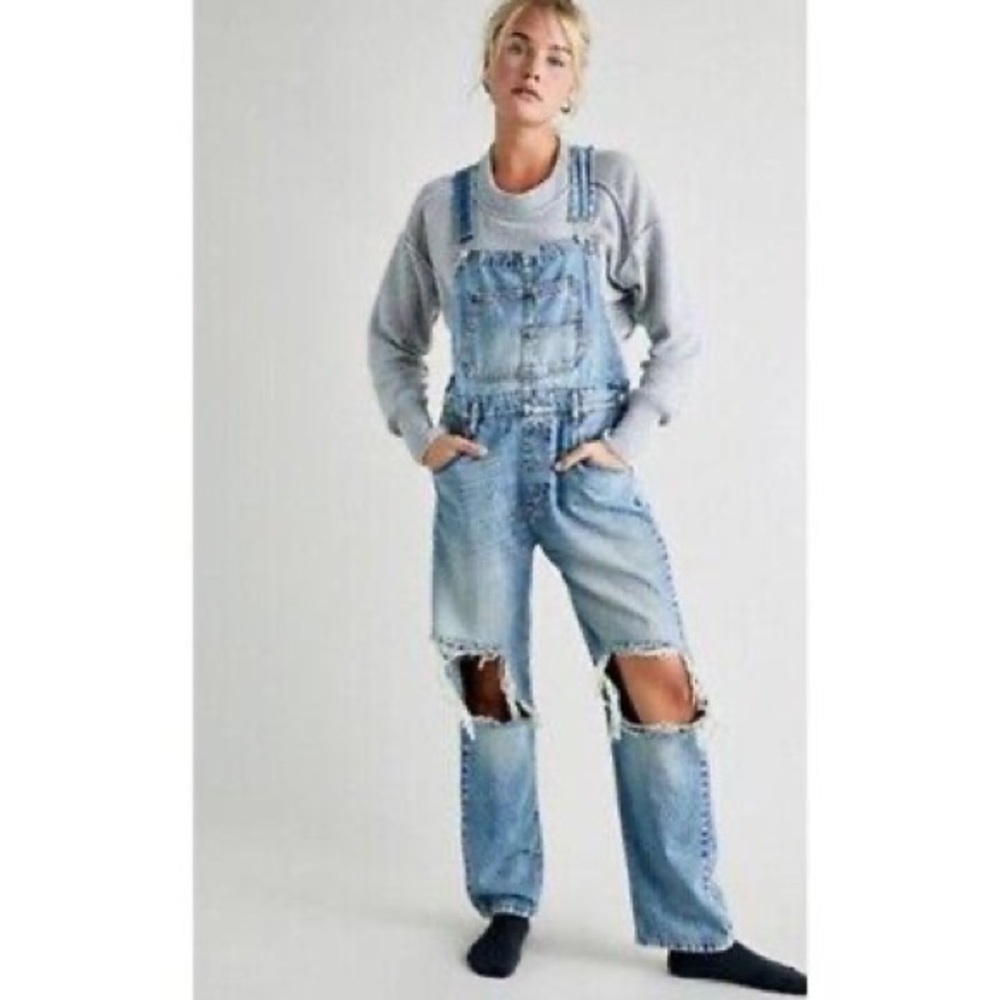 We The Free Light Blue Distressed Denim Overalls